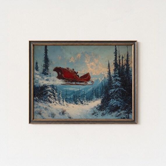 Flying Red Christmas Sleigh Over Snowy Mountain Pines Holiday Art Poster