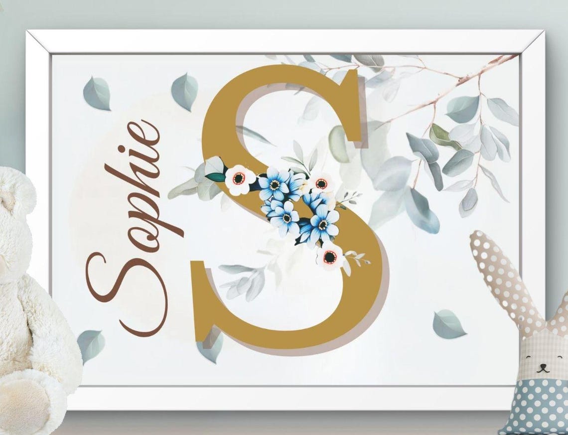 Personalized Nursery Decor Poster Wall Art For Kids Letter Flower Wreath