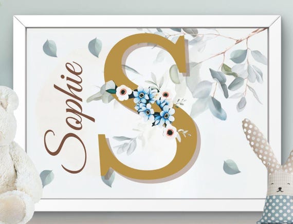 Personalized Nursery Decor Poster Wall Art For Kids Letter Flower Wreath