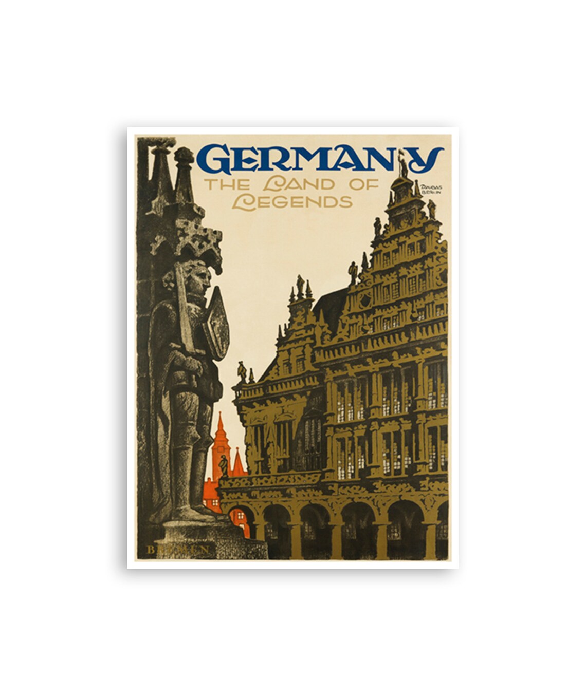Bremen Germany Vintage Roland Statue Land of Legends Travel Poster