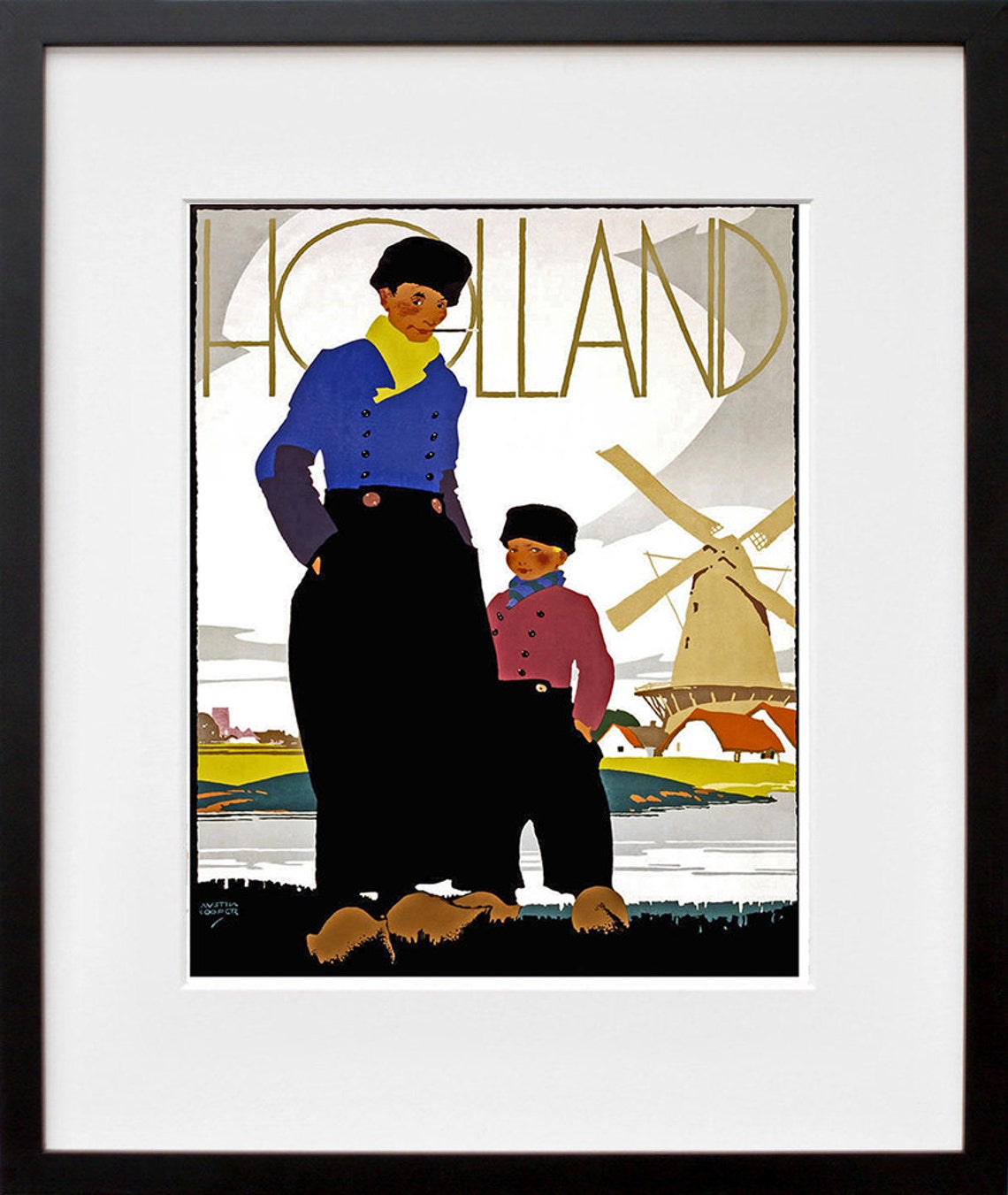 Holland Dutch Costumes Windmill Wooden Clogs Retro Travel Poster