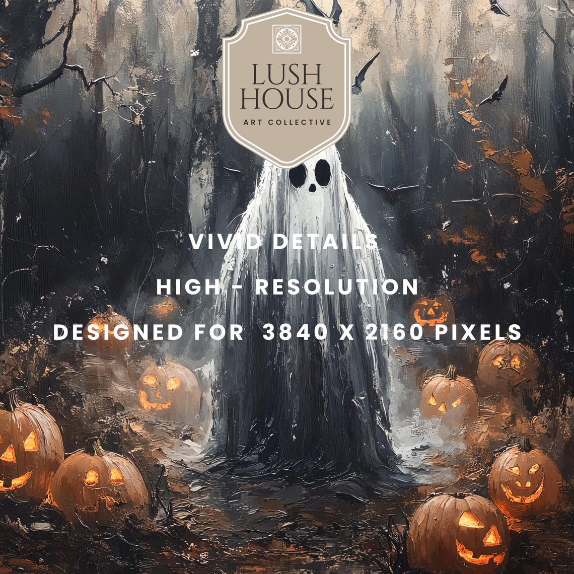 Sheet Ghost Standing in a Dark Forest Surrounded by Pumpkins Poster - Image 3