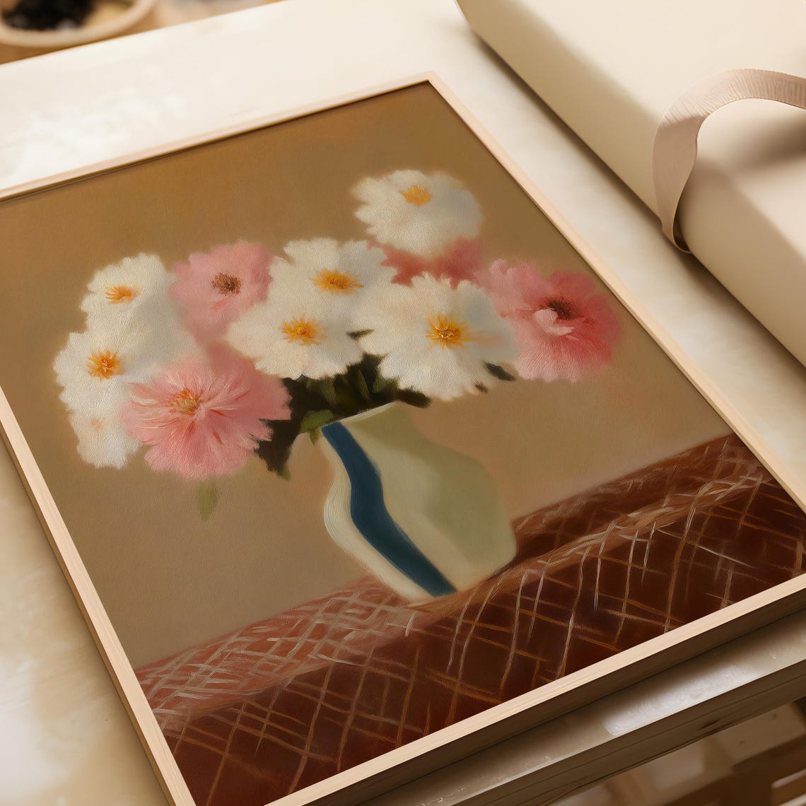 Pink White Cosmos Flowers Vase Warm Ochre Botanical Art Poster - Image 4