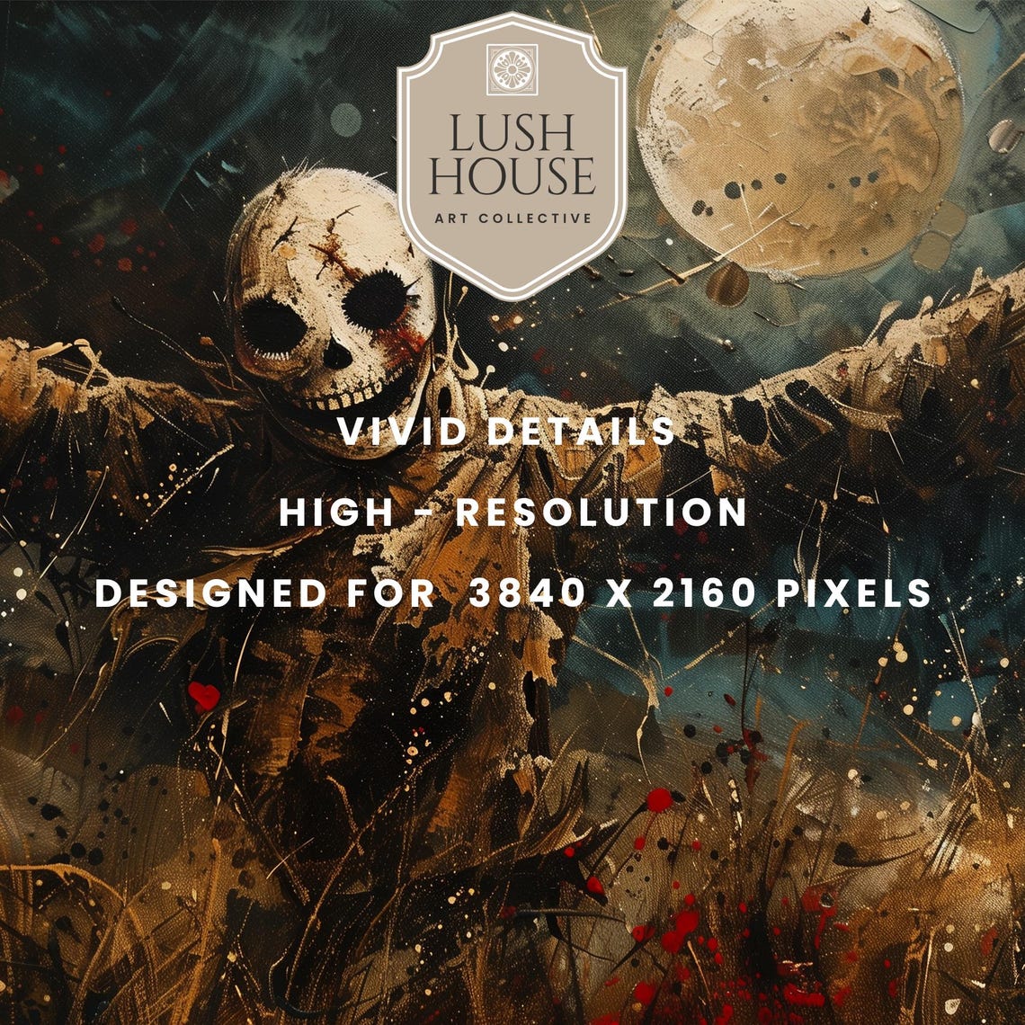 Creepy Skull Faced Scarecrow in Field Under Full Moon Halloween Poster - Image 3