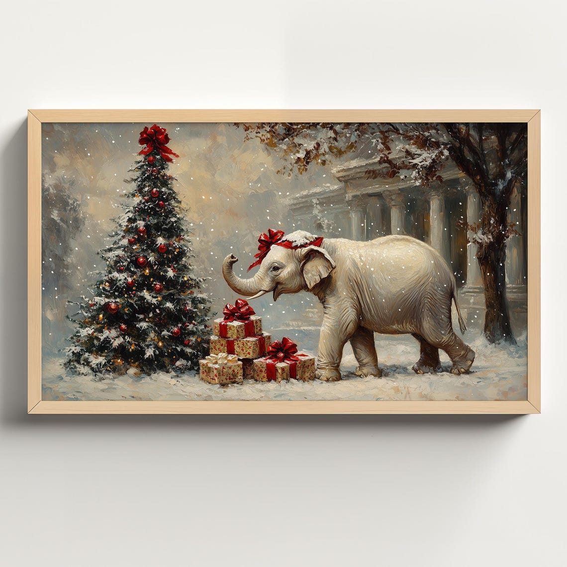 White Elephant With Red Bow Beside Christmas Tree Snowy Art Poster