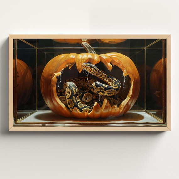 Ball Python Coiled Inside a Hollowed Pumpkin Aquarium Display Poster