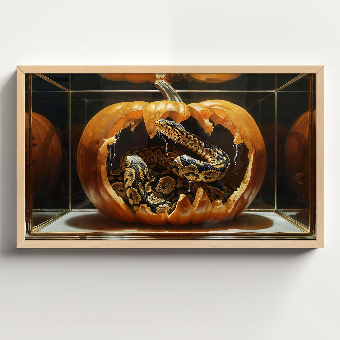 Ball Python Coiled Inside a Hollowed Pumpkin Aquarium Display Poster