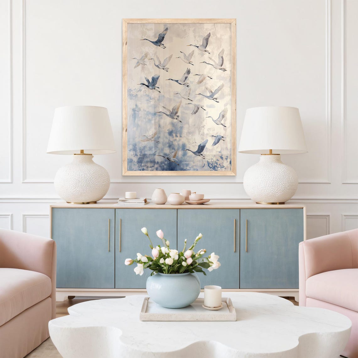Flock of Herons in Flight Against a Soft Blue Cloudy Sky Wall Art - Image 5