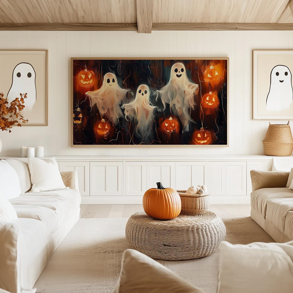 Three Friendly Ghosts Dancing Among Glowing Pumpkin Lanterns Poster - Image 5