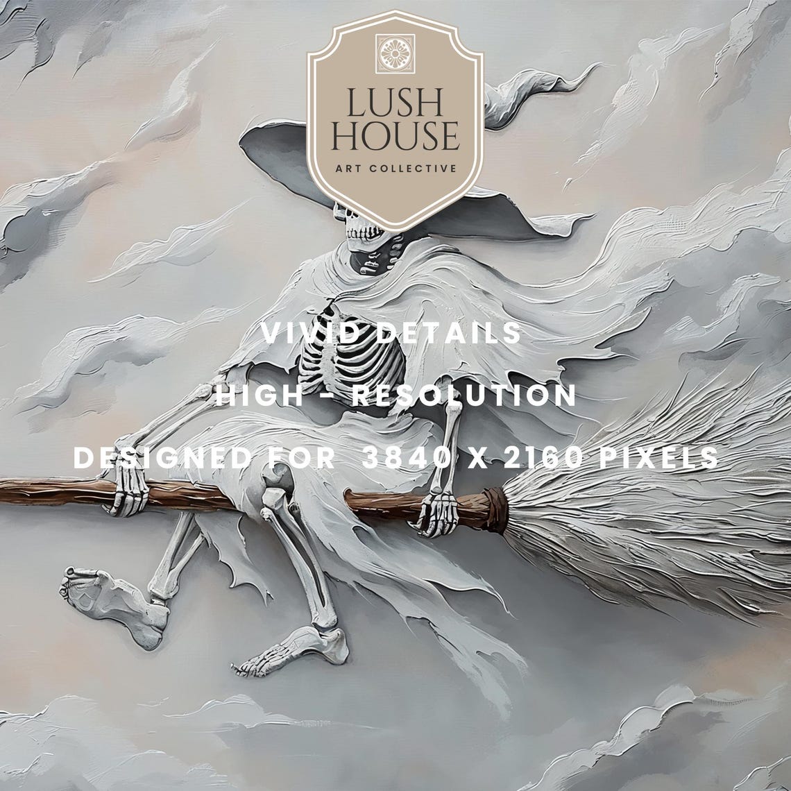 Skeleton Witch Flying on a Broomstick Through Gray Clouds Poster - Image 3