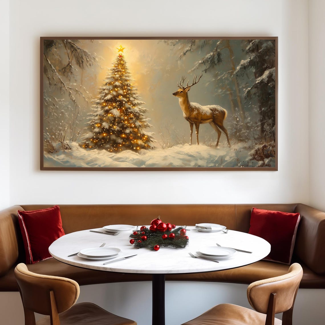 Golden Stag Beside Glowing Christmas Tree In Snowy Forest Poster - Image 4