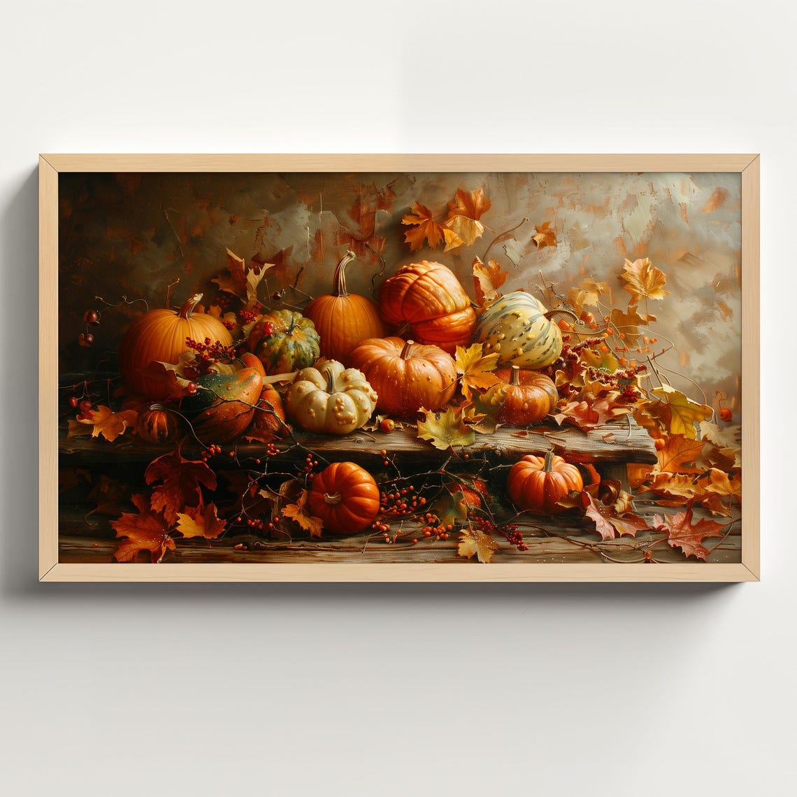Harvest Pumpkin and Gourd Still Life with Maple Leaves Fall Poster
