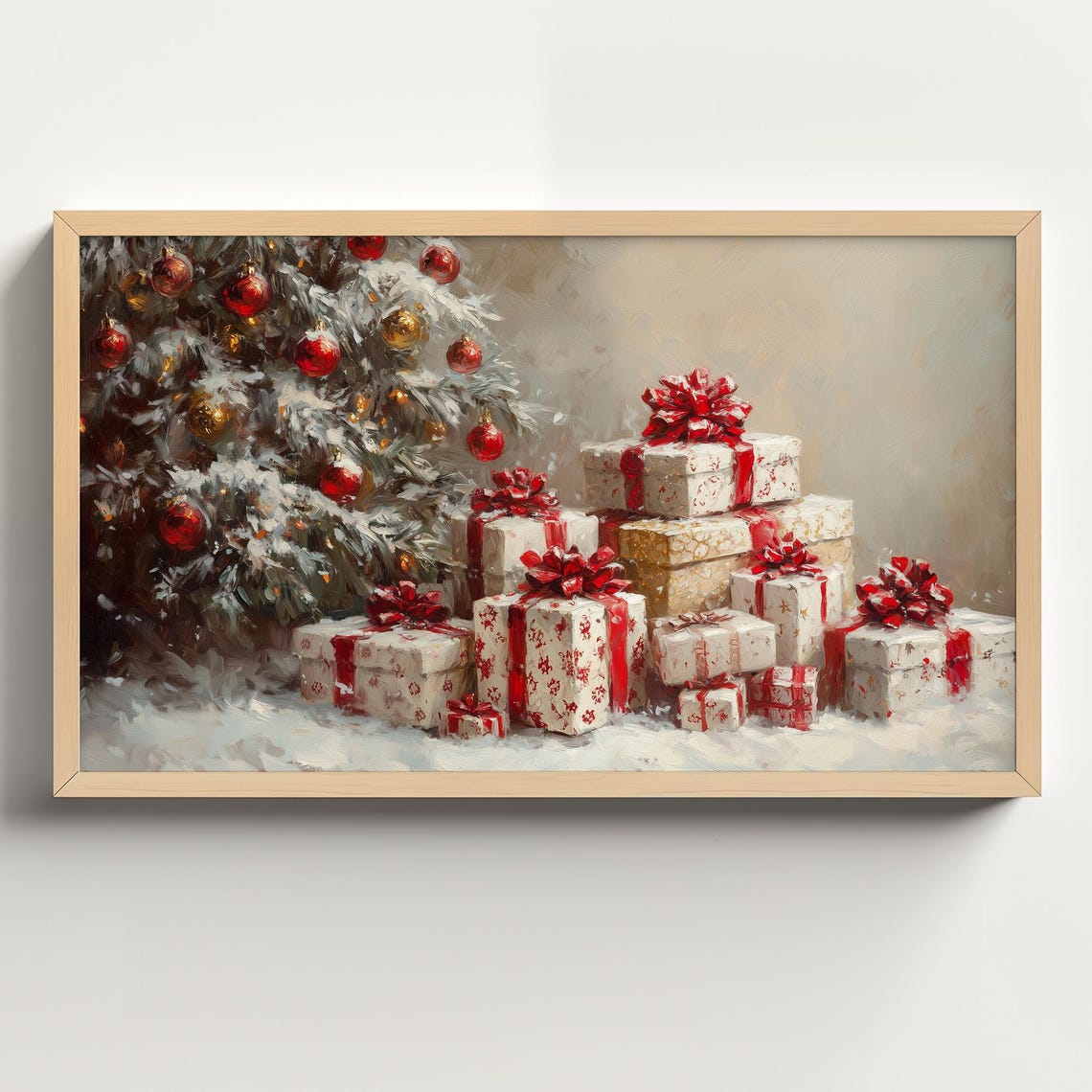 Red Ribbon Christmas Presents Under Snowy Tree Oil Painting Poster