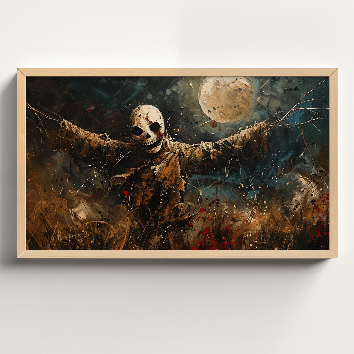 Creepy Skull Faced Scarecrow in Field Under Full Moon Halloween Poster