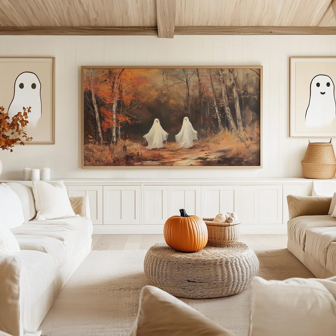 Two Ghosts Strolling Through Autumn Birch Woods Halloween Poster - Image 5