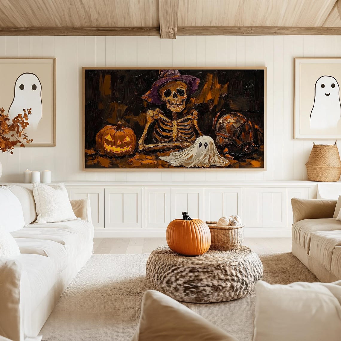 Skeleton in a Purple Witch Hat with Ghost and Pumpkin Halloween Poster - Image 5