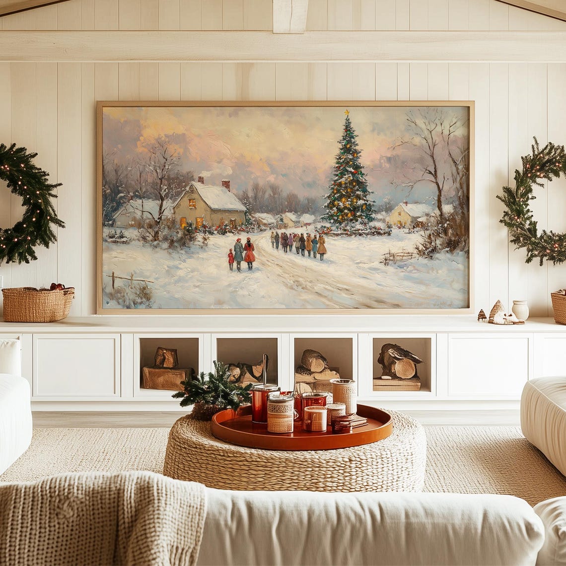 Snowy Village Gathering Around Christmas Tree Vintage Holiday Poster - Image 3