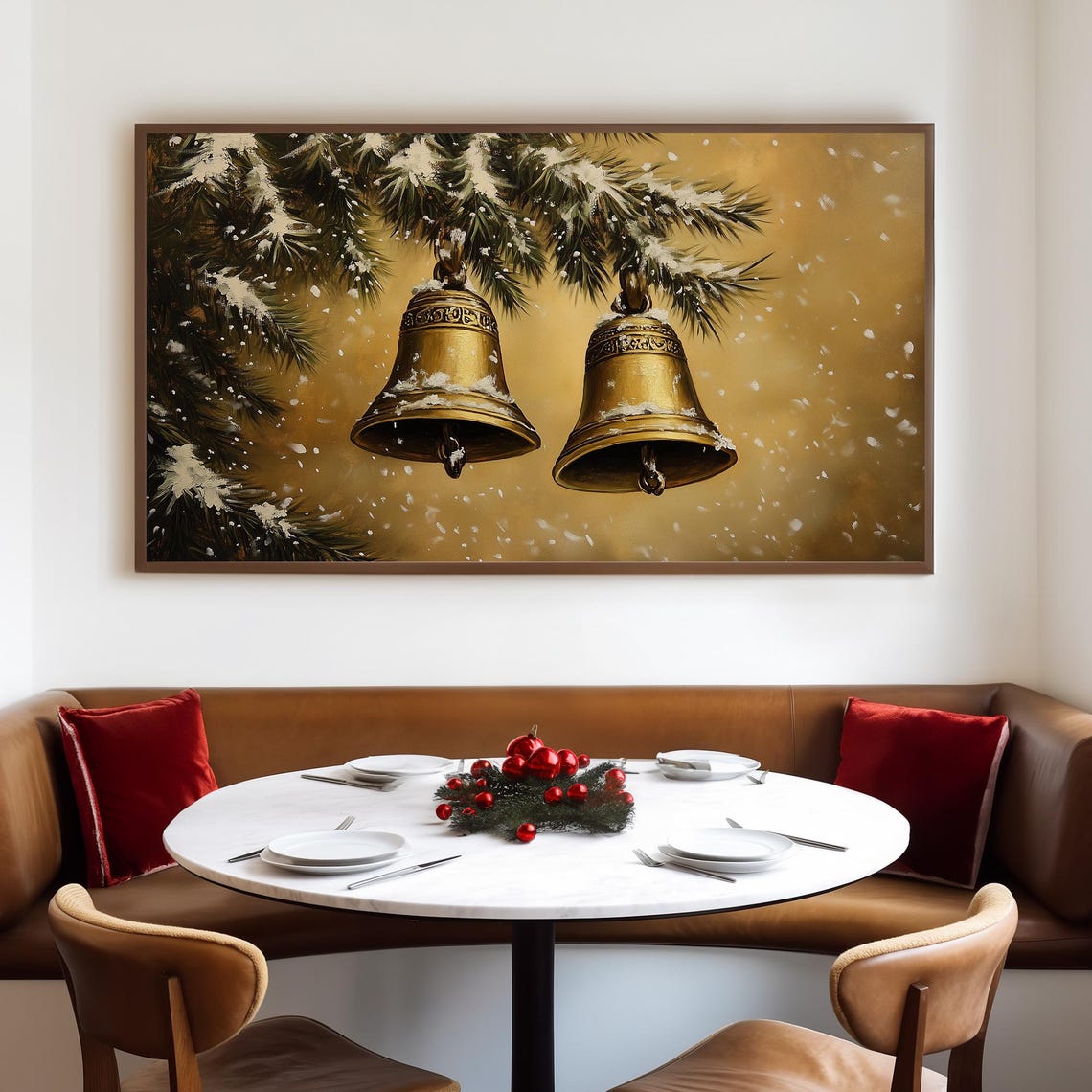 Two Gold Christmas Bells Hanging from a Snowy Pine Branch Poster - Image 4