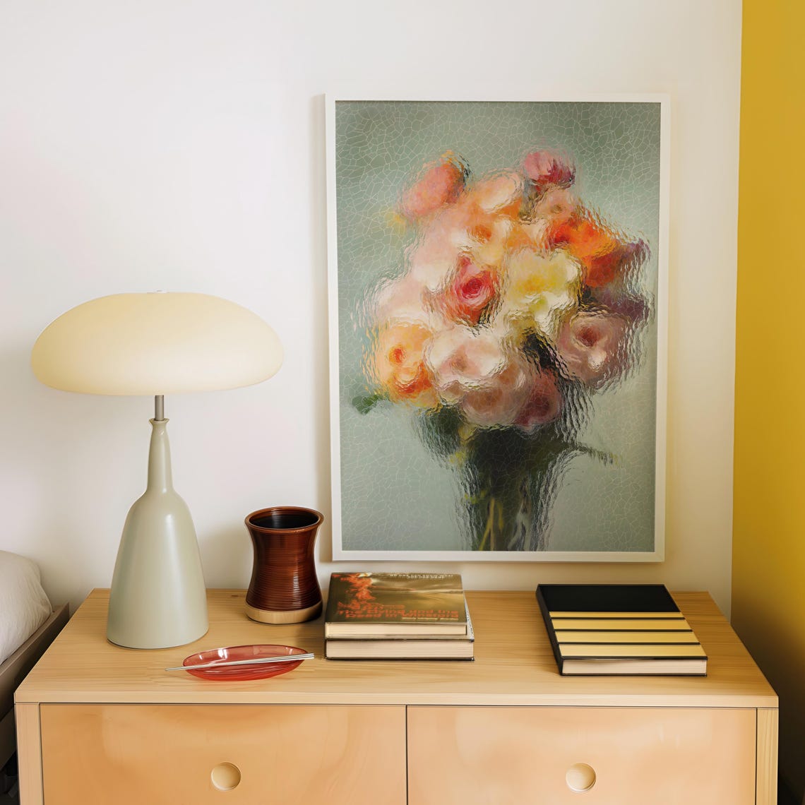 Roses Behind Textured Glass Pink Orange Bouquet Modern Art Poster - Image 3