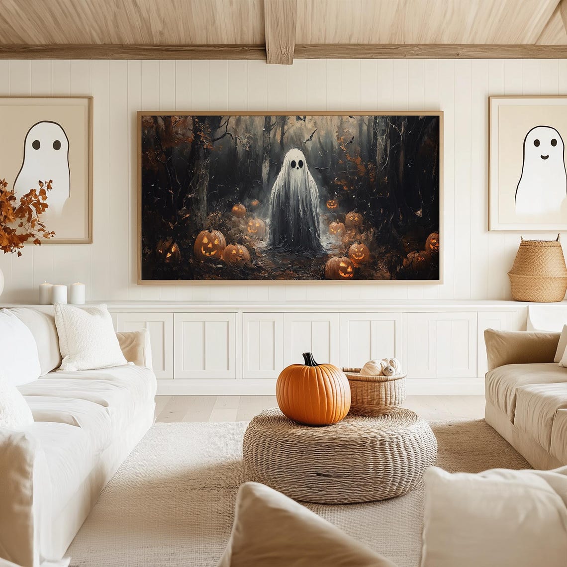 Sheet Ghost Standing in a Dark Forest Surrounded by Pumpkins Poster - Image 5