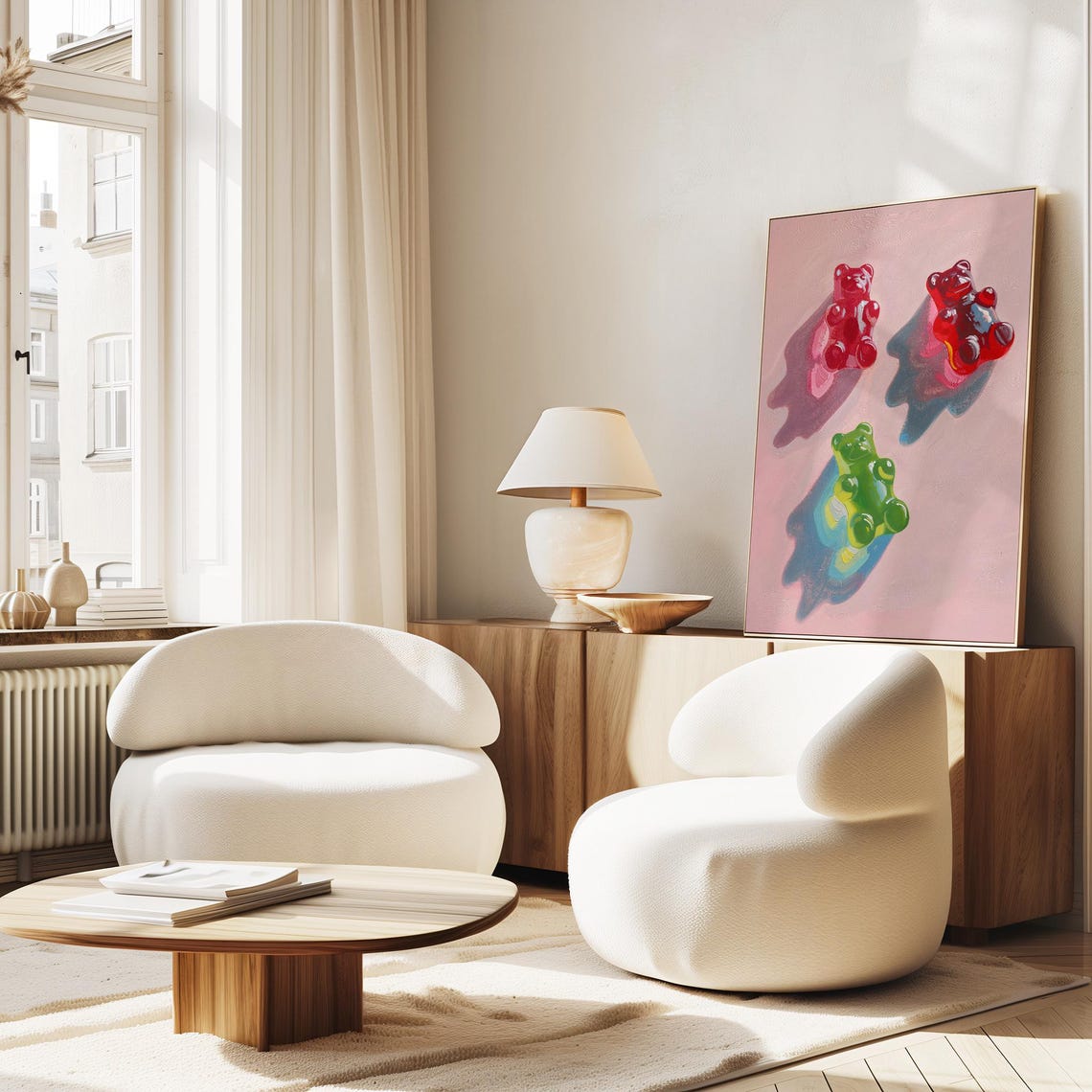 Pink 3D Gummy Bear Trio Candy Pop Art on Blush Background Wall Art - Image 2