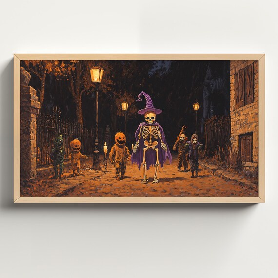 Skeleton Kids Trick or Treating on Lamplit Street Halloween Night Poster