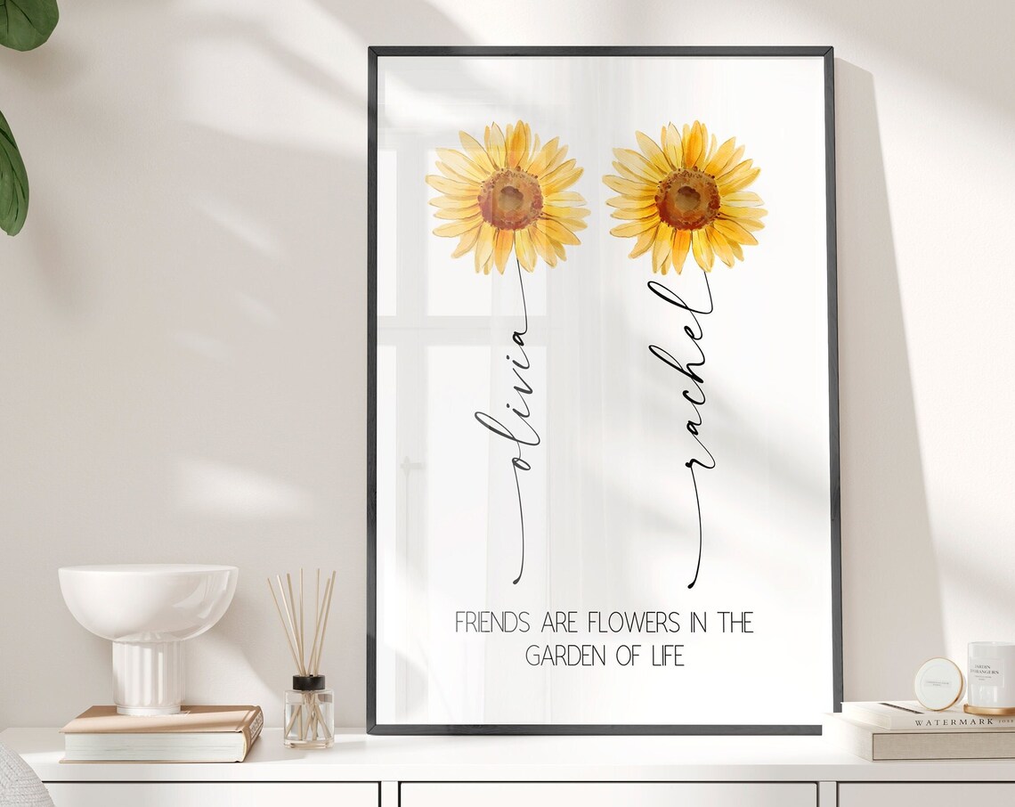 Personalized Friendship Sunflower Names Best Friend Gift Floral Poster