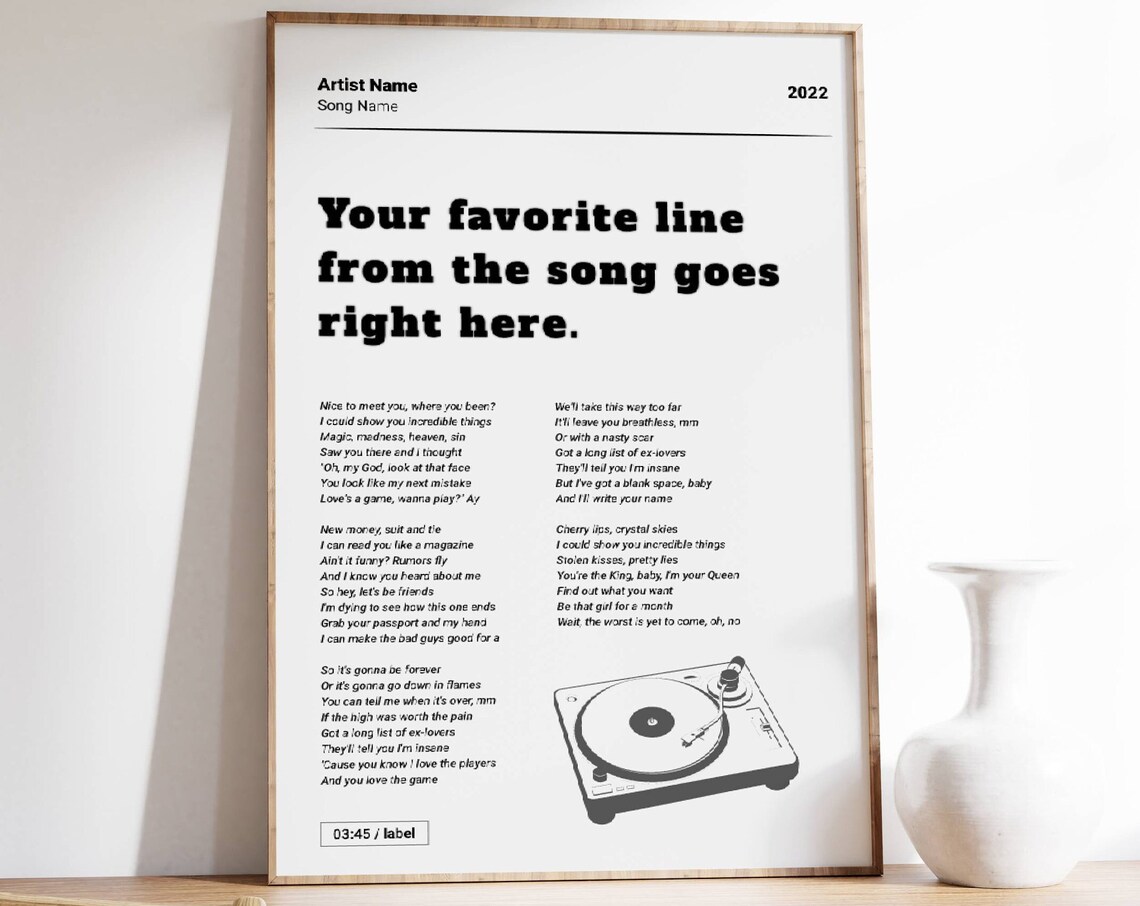 Custom Song Lyric Art Print, Minimalist Wall Art