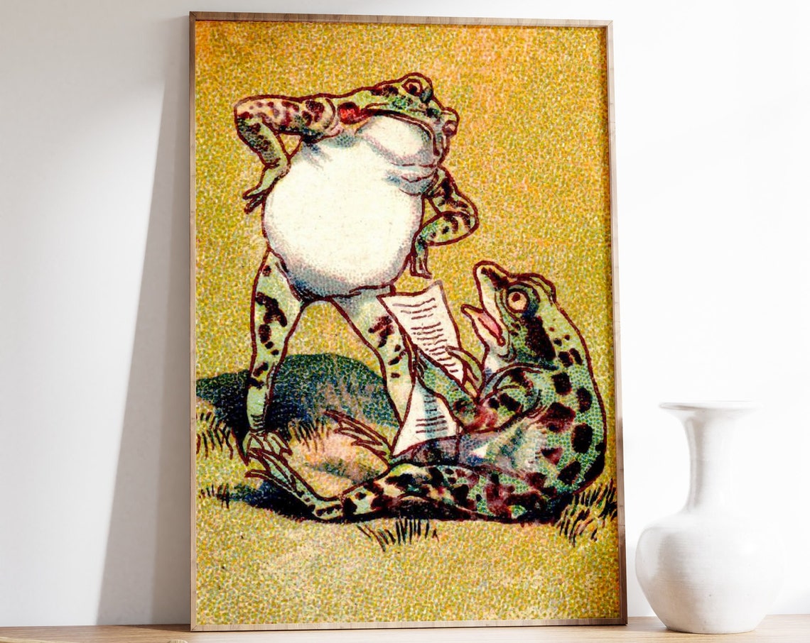 Two Funny Frogs, Art Deco Vintage Art Print