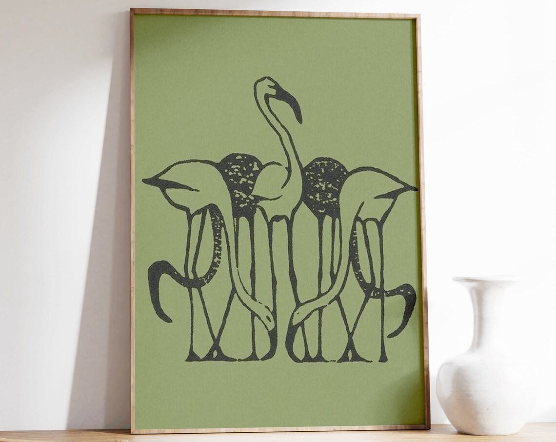 Five Flamingos by Dijsselhof Vintage Black Line Art Bird Poster