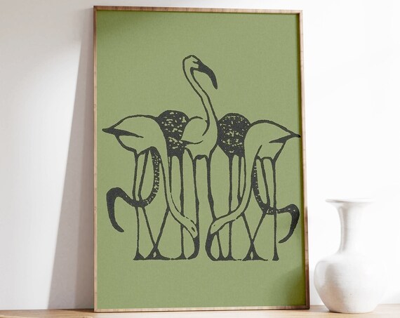 Five Flamingos by Dijsselhof Vintage Black Line Art Bird Poster