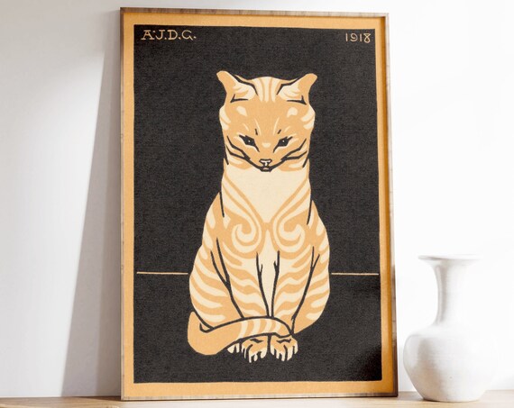 Sitting Tabby Cat 1918 Woodcut by Julie de Graag Vintage Poster