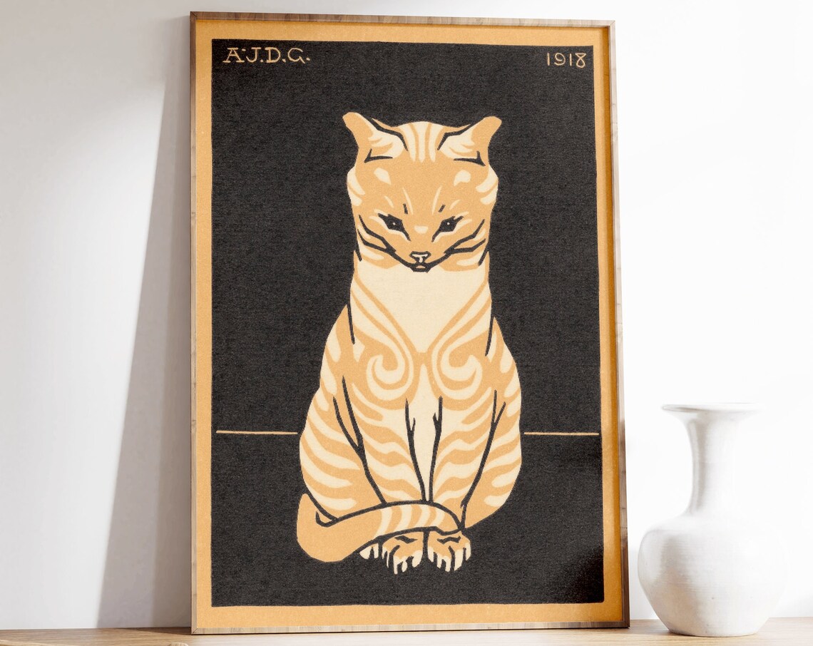 Sitting Tabby Cat 1918 Woodcut by Julie de Graag Vintage Poster