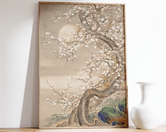 Japanese Plum Blossoms in Moonlight, Vintage Art Print