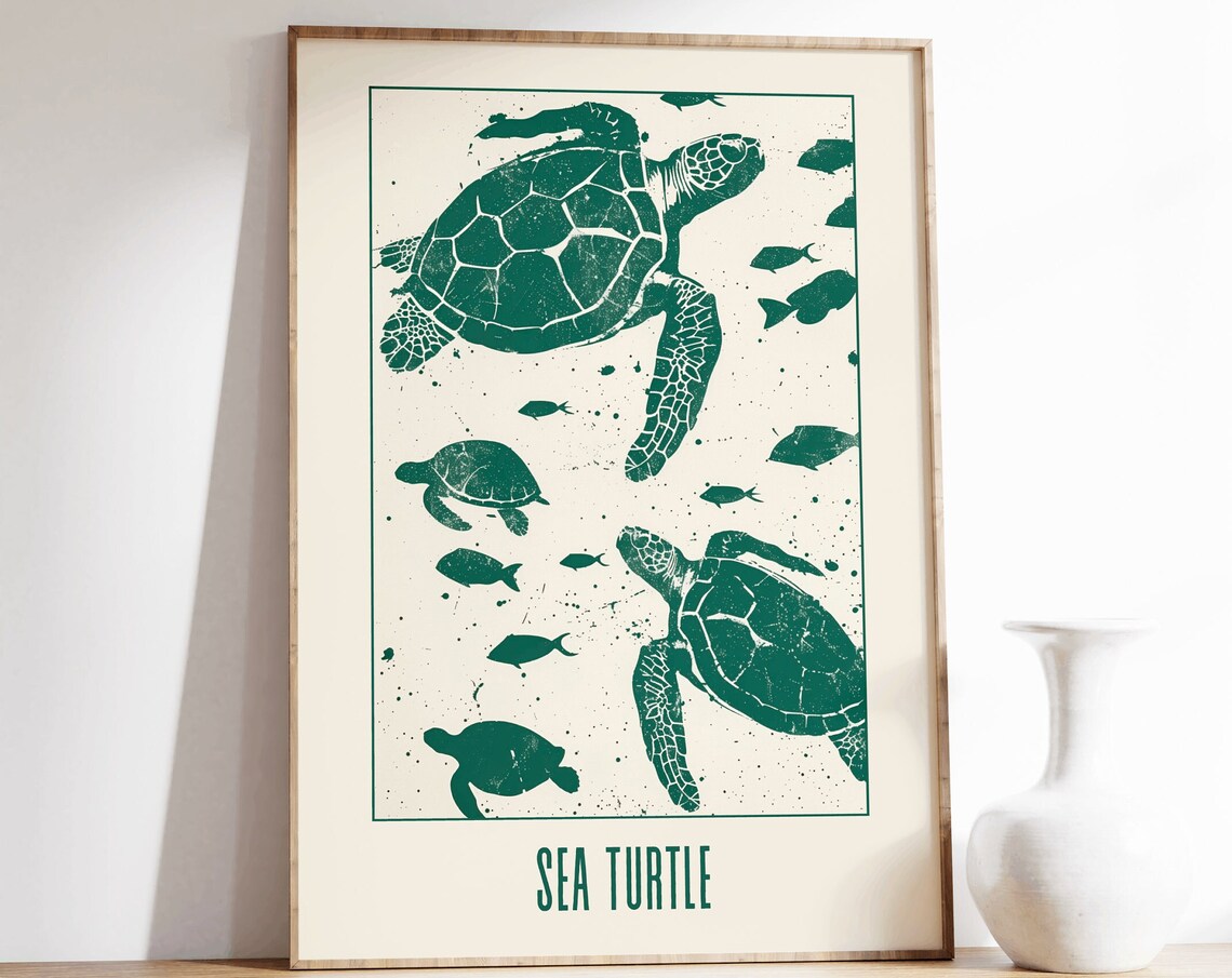 Sea Turtle Green Linocut Style Vintage Ocean Marine Life Poster