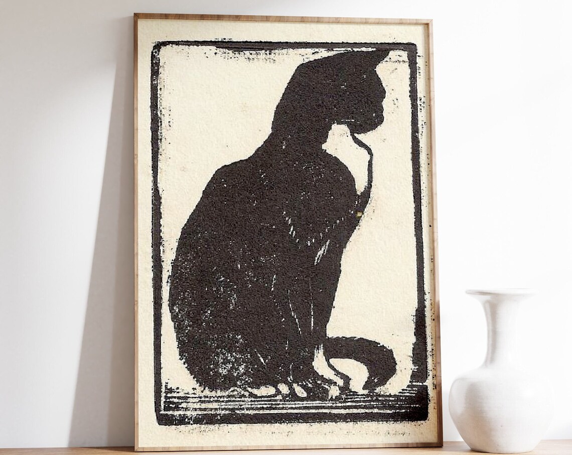 Black Cat Silhouette Linocut Style Minimalist Vintage Poster