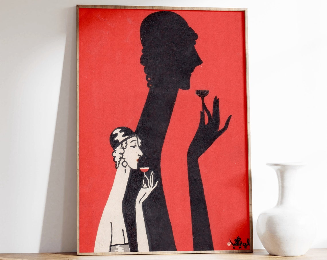 Woman and Shadow Sipping Drink, Art Deco Cocktail Poster