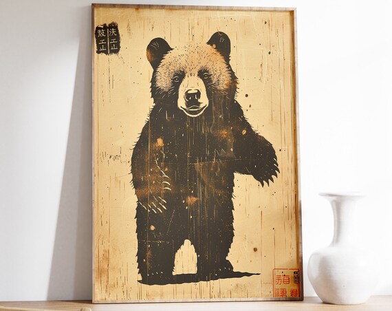 Standing Black Bear Rustic Japanese Woodblock Aged Paper Wall Art