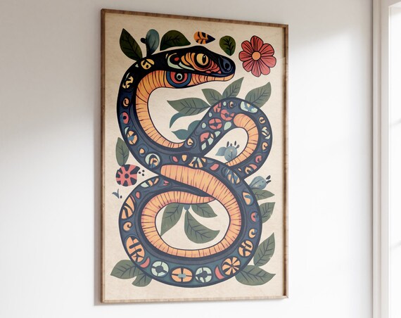 Folk Art Snake Coiled Among Colorful Flowers and Leaves Poster