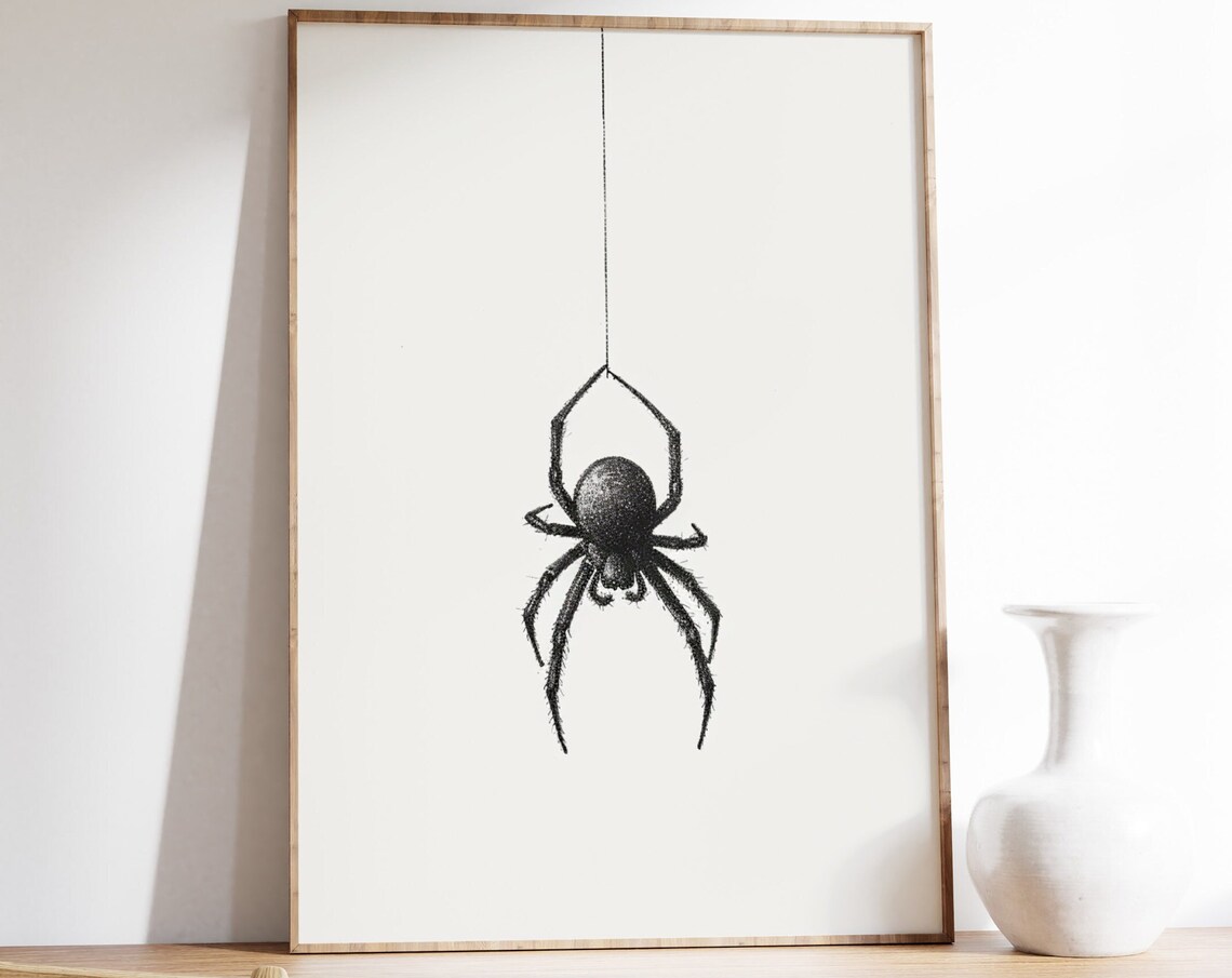 Minimalist Black Spider Hanging From A Single Thread Line Art Poster
