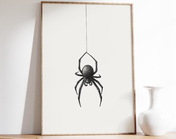 Minimalist Black Spider Hanging From A Single Thread Line Art Poster