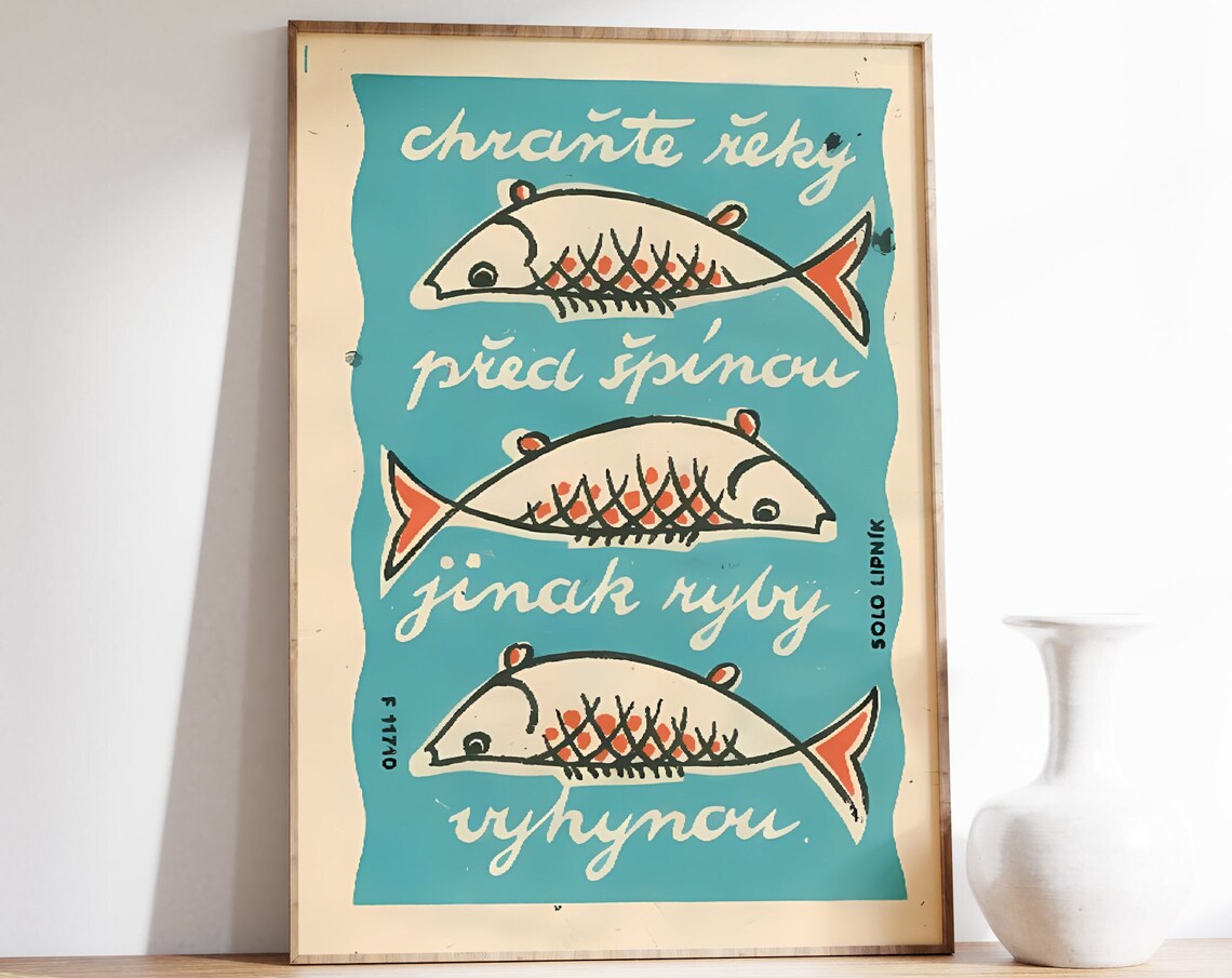 Fish Matchbox Print, Vintage Czech Matchbox Label