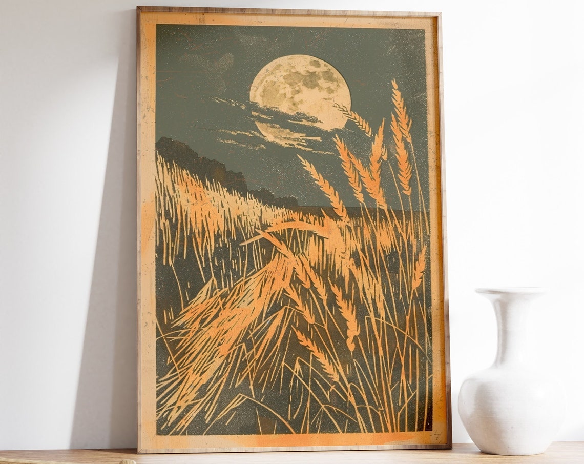 Vintage Wheat Field at Night, Moon Harvest Poster