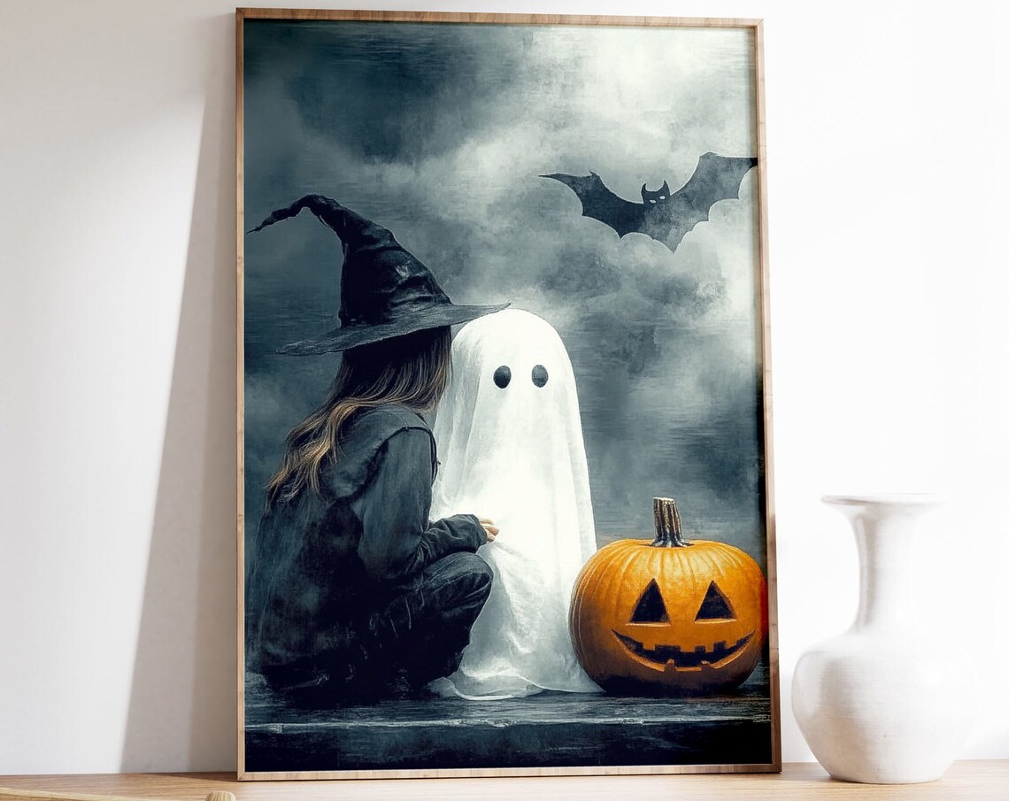 Witch Girl Hugging Ghost With Pumpkin And Bat Halloween Art Poster