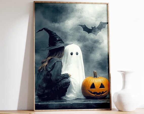 Witch Girl Hugging Ghost With Pumpkin And Bat Halloween Art Poster