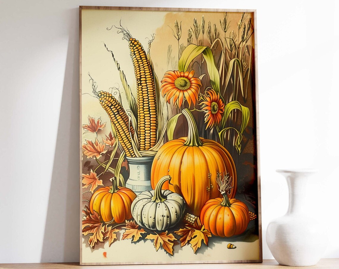 Pumpkins Corn Sunflowers Vintage Fall Harvest Still Life Poster
