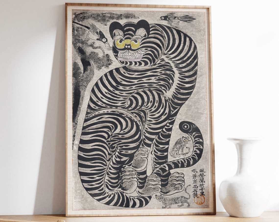 Vintage Tiger Botanical Art Deco Japanese Poster Print - Image 3