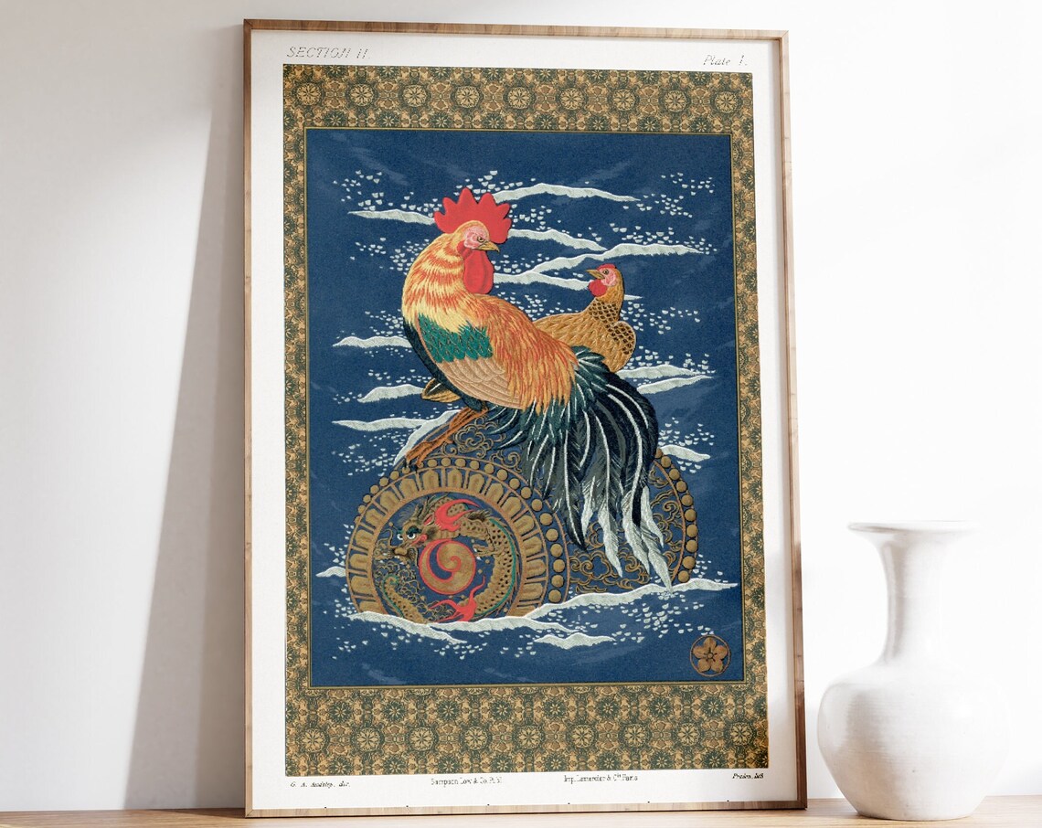 Rooster An Hen Vintage Japanese Poster Rooster Wall Art Rooster Print Japanese Animal Wall Art Farm Decor Birds Poster Retro Print