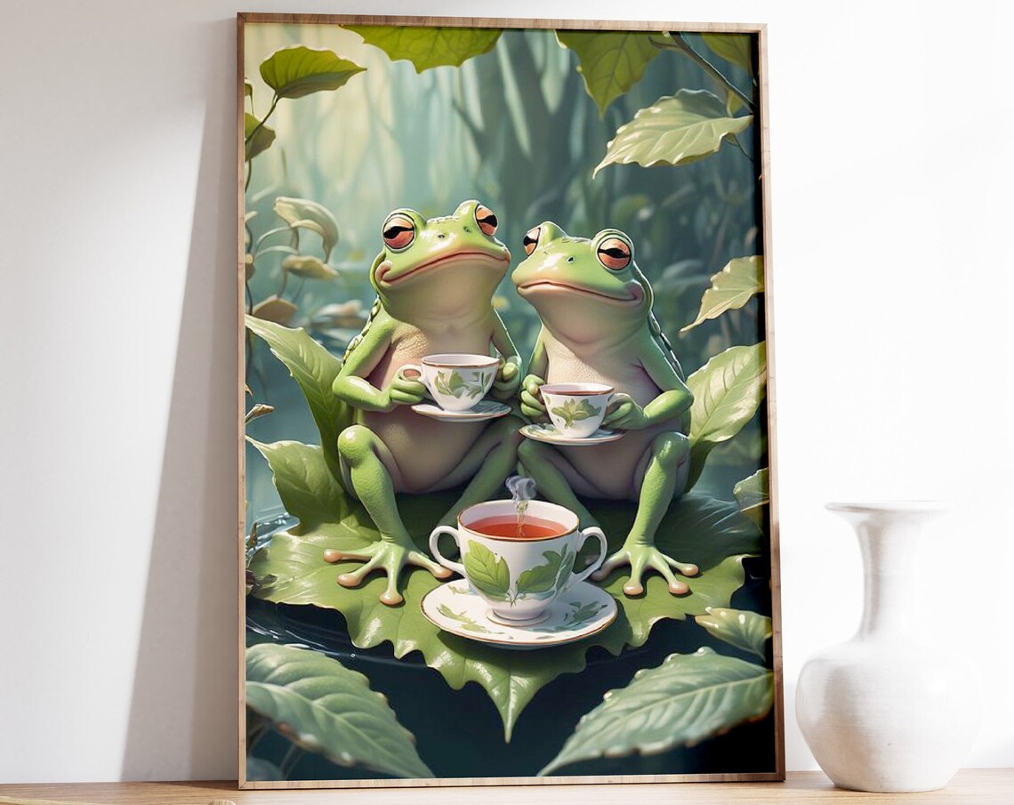 Two Frogs Enjoying Afternoon Tea on a Lily Pad Whimsical Art Print