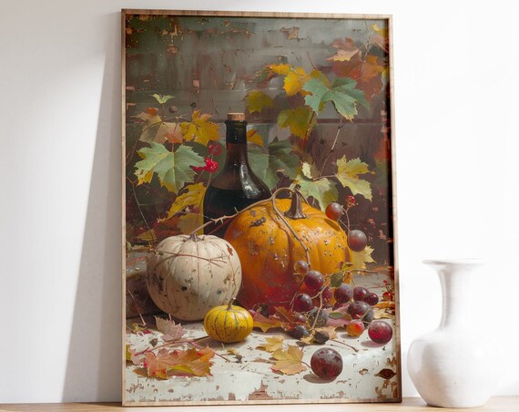 Vintage Harvest Still Life Pumpkins Grapes And Wine Bottle Poster